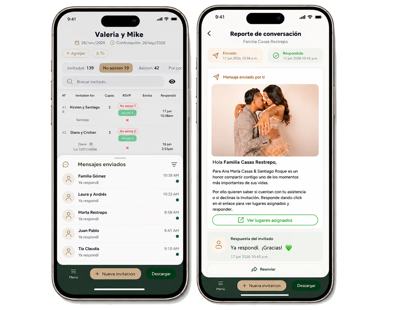 Panel de inDi: la lista de mensajes enviados con quién ya respondió, y el reporte de conversación de un invitado con el mensaje enviado y su respuesta