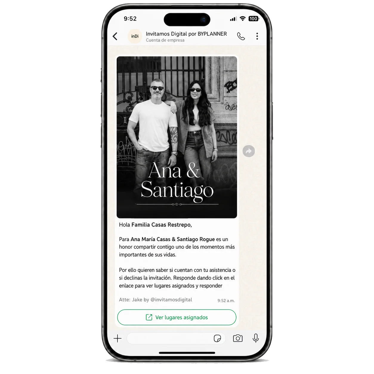 Mensaje de confirmación que le llega al invitado por WhatsApp desde una cuenta de empresa