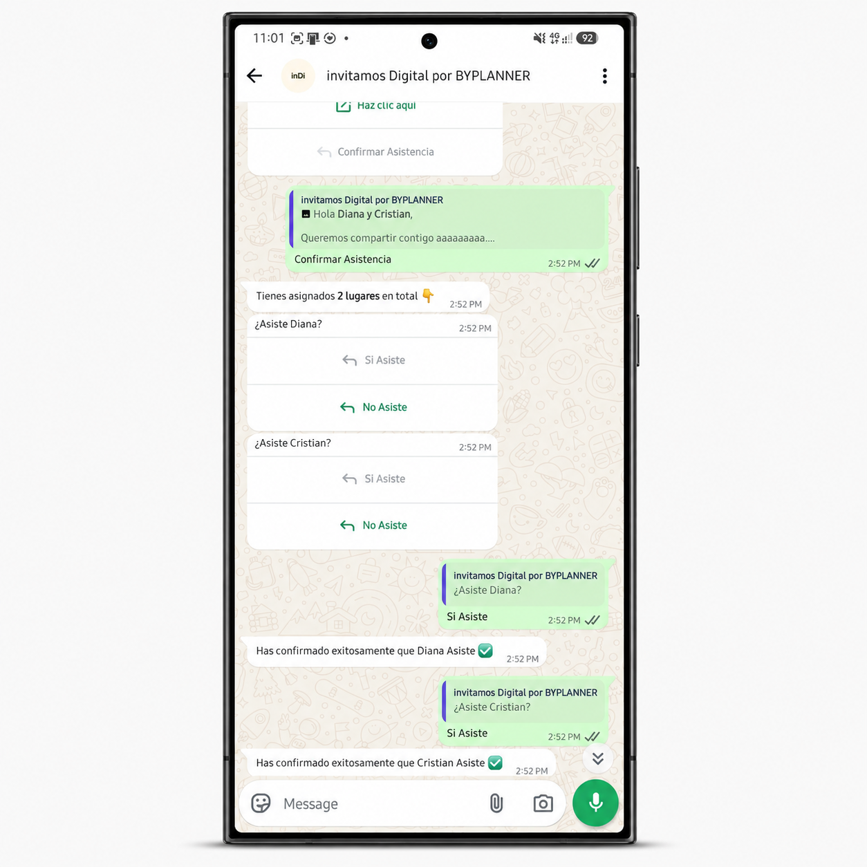 Conversación de WhatsApp donde el invitado ve sus lugares asignados y confirma a cada persona por separado con botones